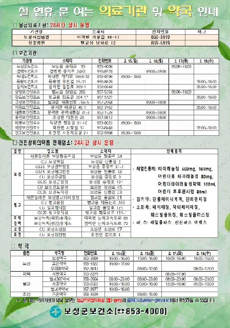 1-1. 보성군, 2026년 설 연휴 종합대책 추진_설 연휴 문 여는 의료기관 및 약국 안내 포스터.jpg